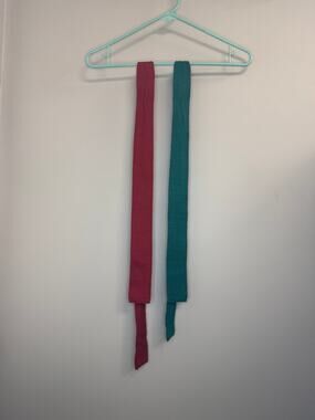 Vintage Square End Knit Tie Lot of 2 Burgundy Teal Skinny Retro Mod Necktie